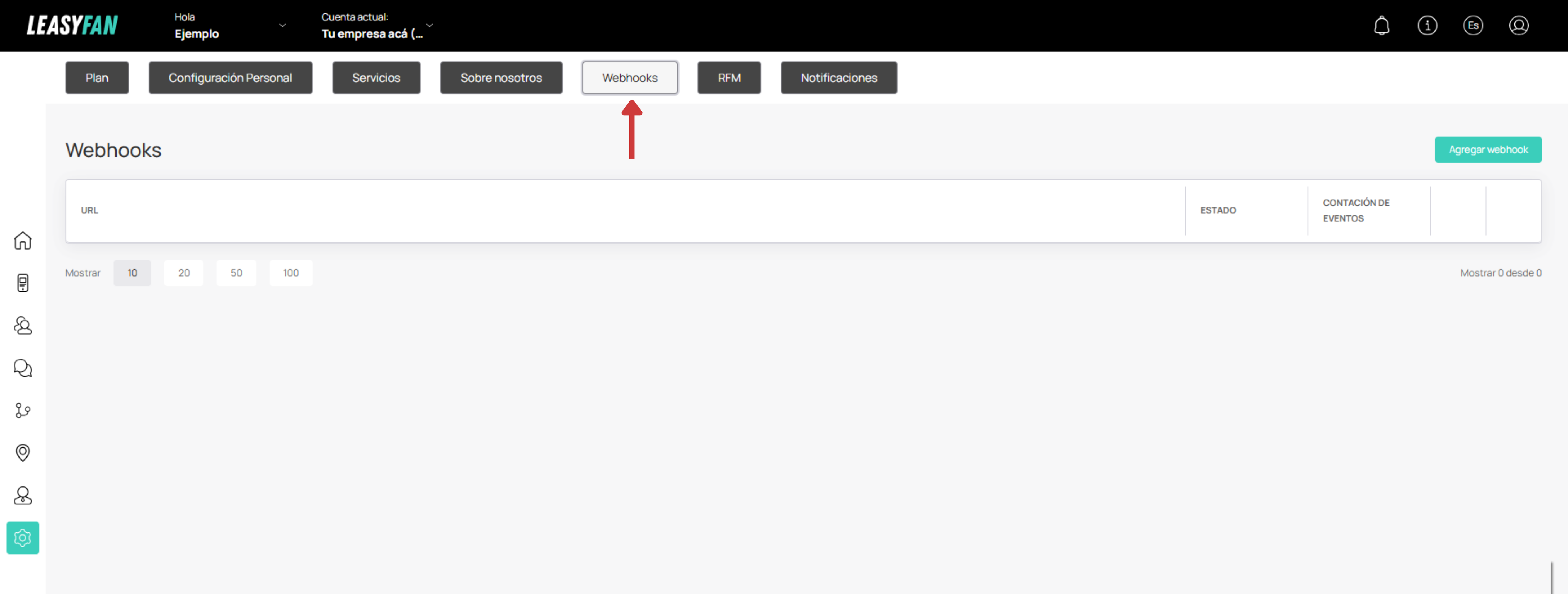 Pestaña Webhooks