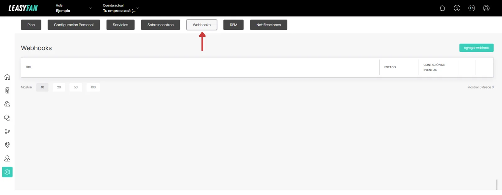 Pestaña Webhooks