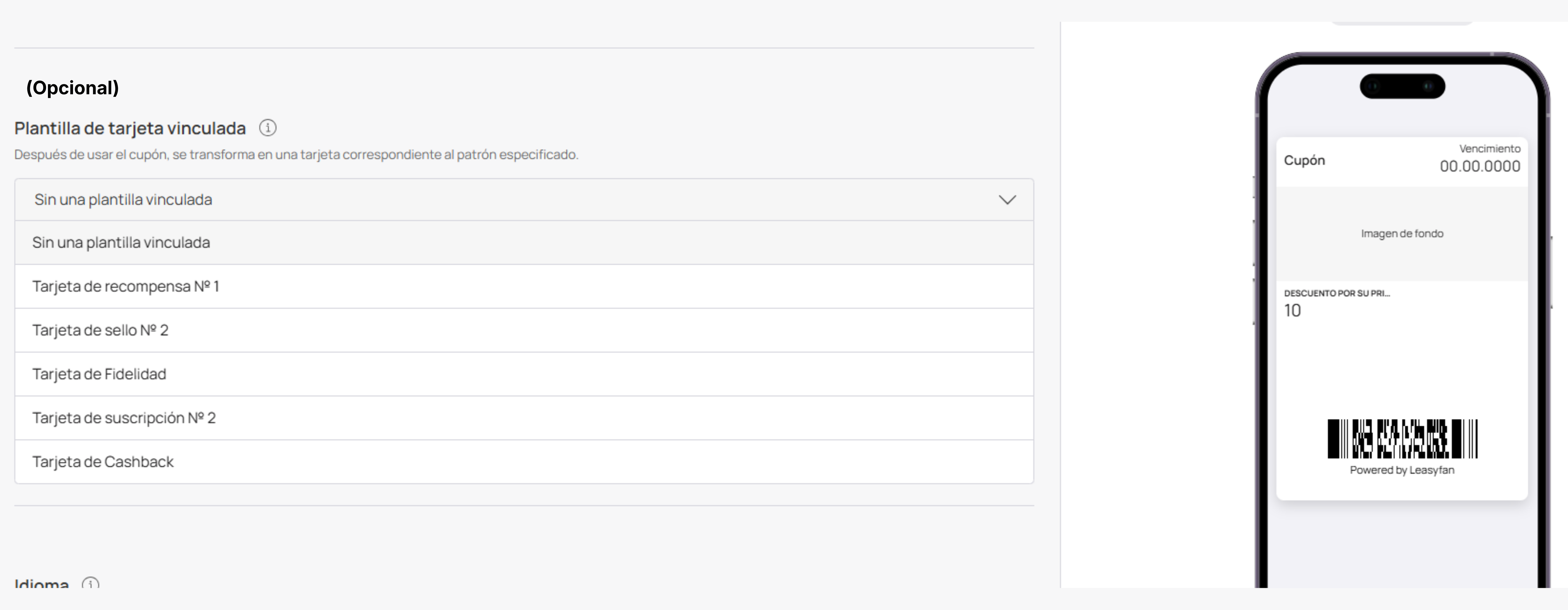 Configuración del cupón / código de barras, vencimiento, ubicaciones