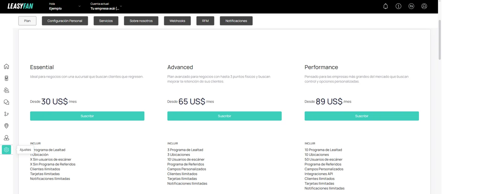 Tabla Funcionalidad completa (Essential, Advanced, Performance)