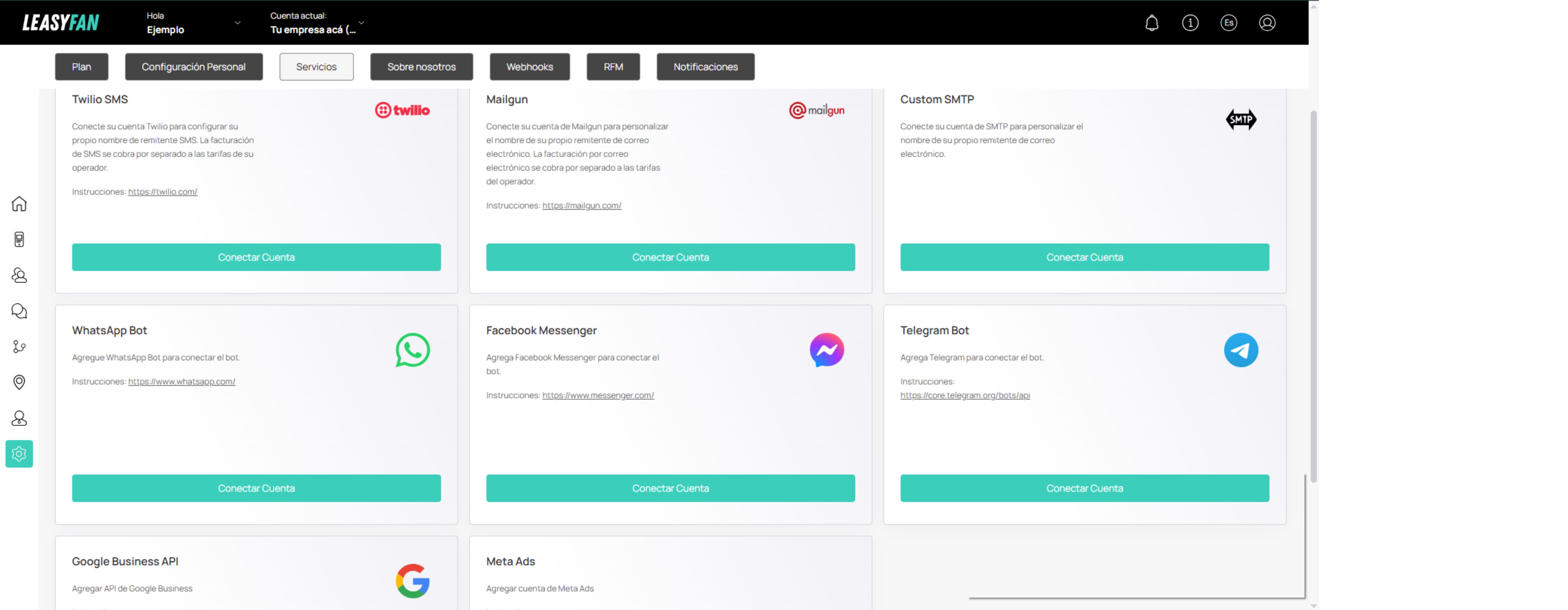 Tarjetas de servicios con botón Conectar Cuenta