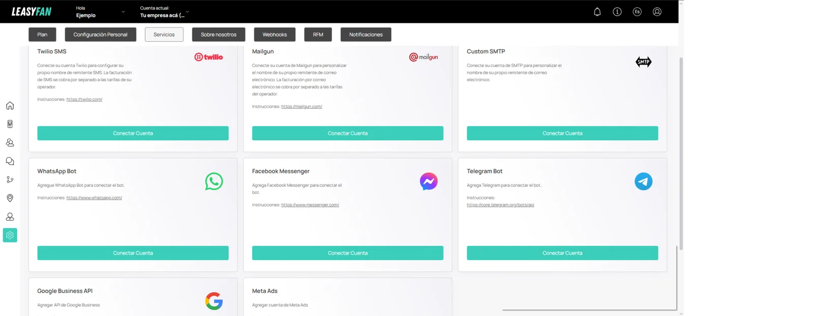Tarjetas de servicios con botón Conectar Cuenta