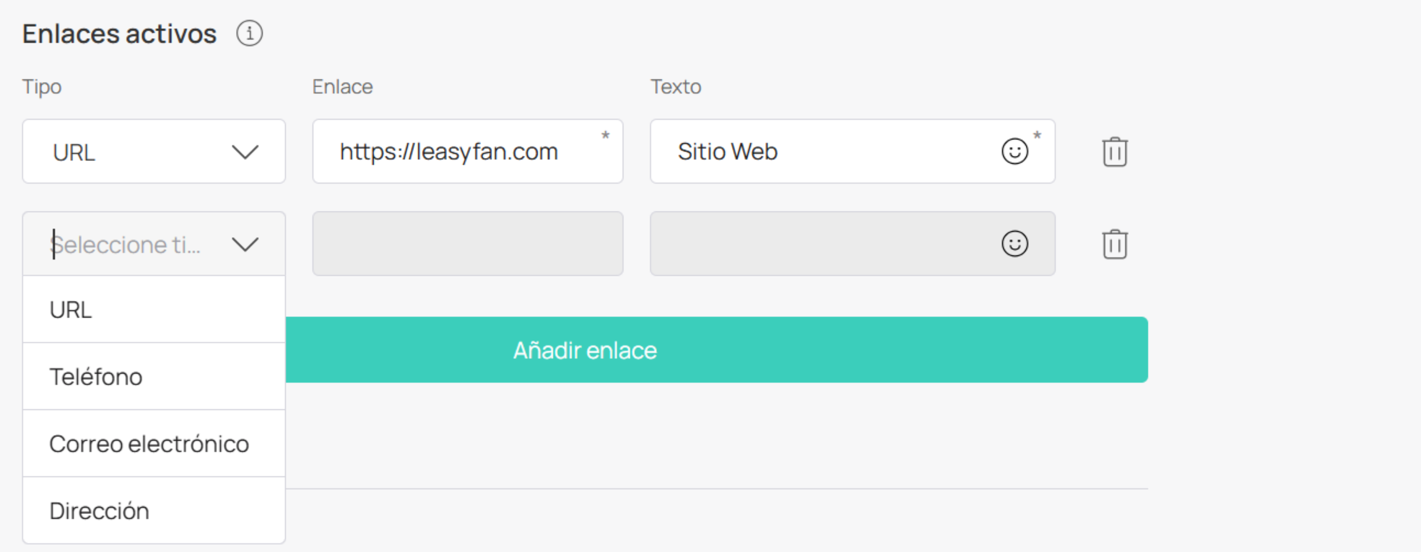 Tipos de enlaces activos (URL, Phone, Email, Address)
