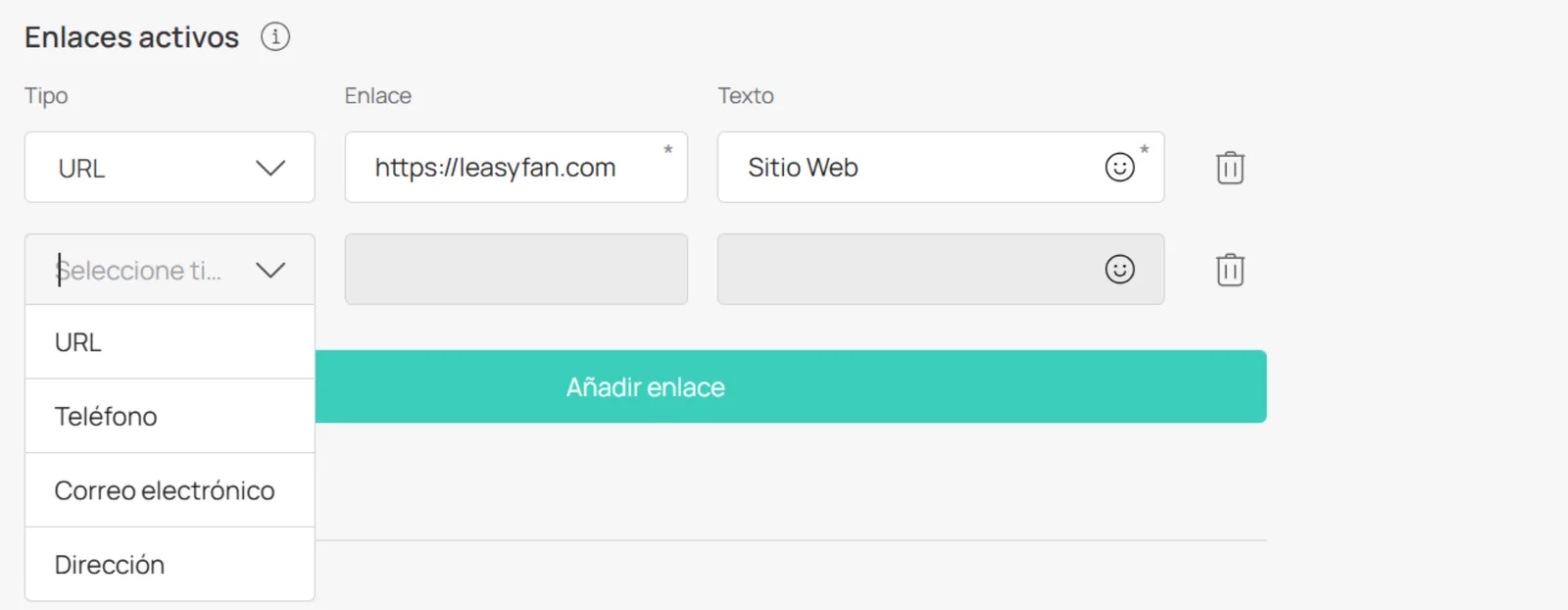 Tipos de enlaces activos (URL, Phone, Email, Address)