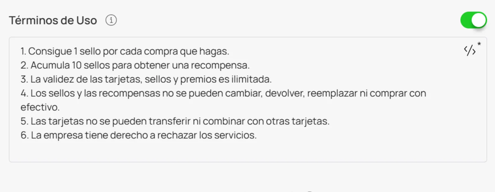 Toggle y campos de términos y condiciones