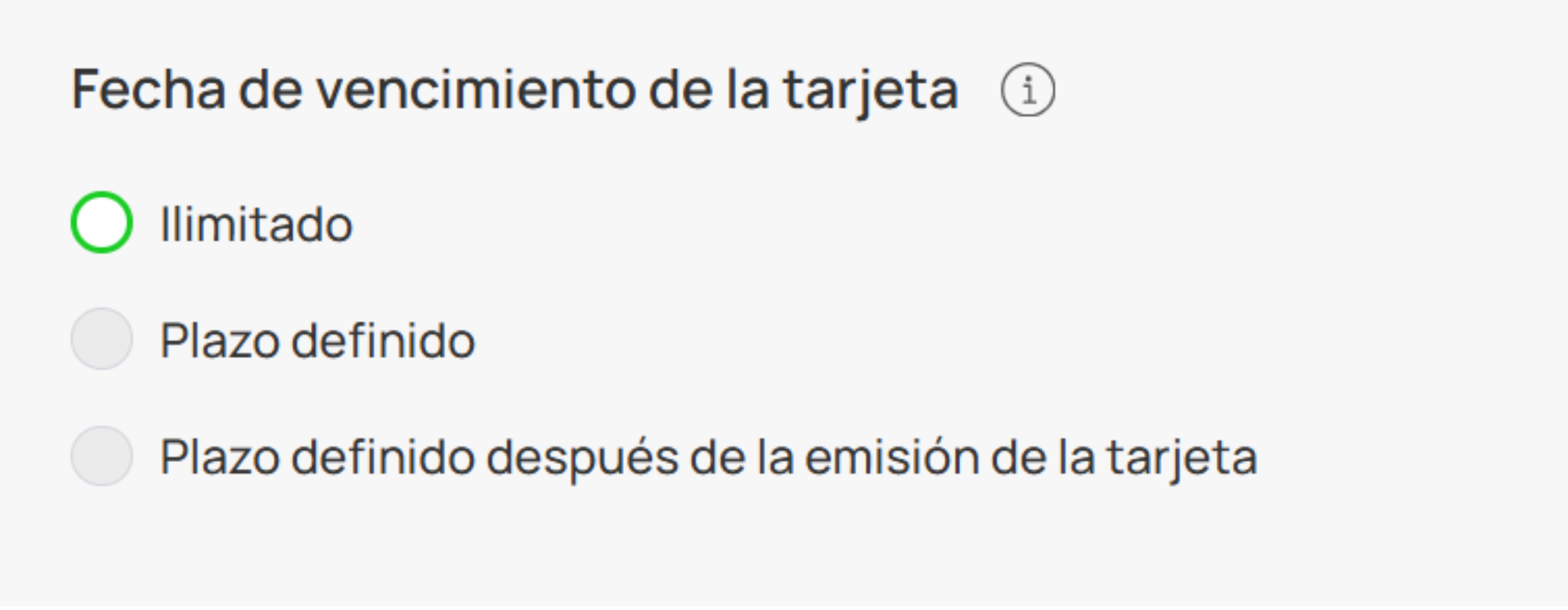 Tres opciones de vencimiento de tarjeta
