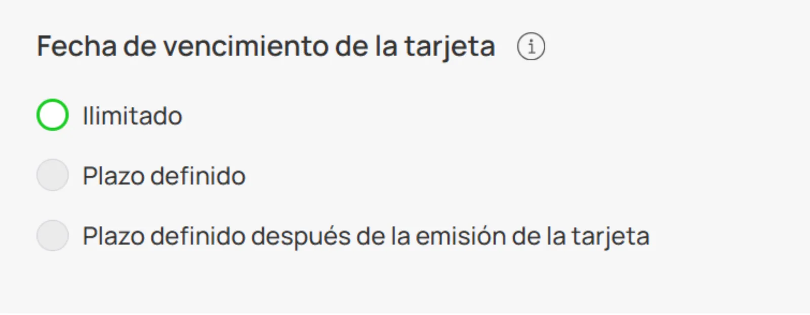 Tres opciones de vencimiento de tarjeta