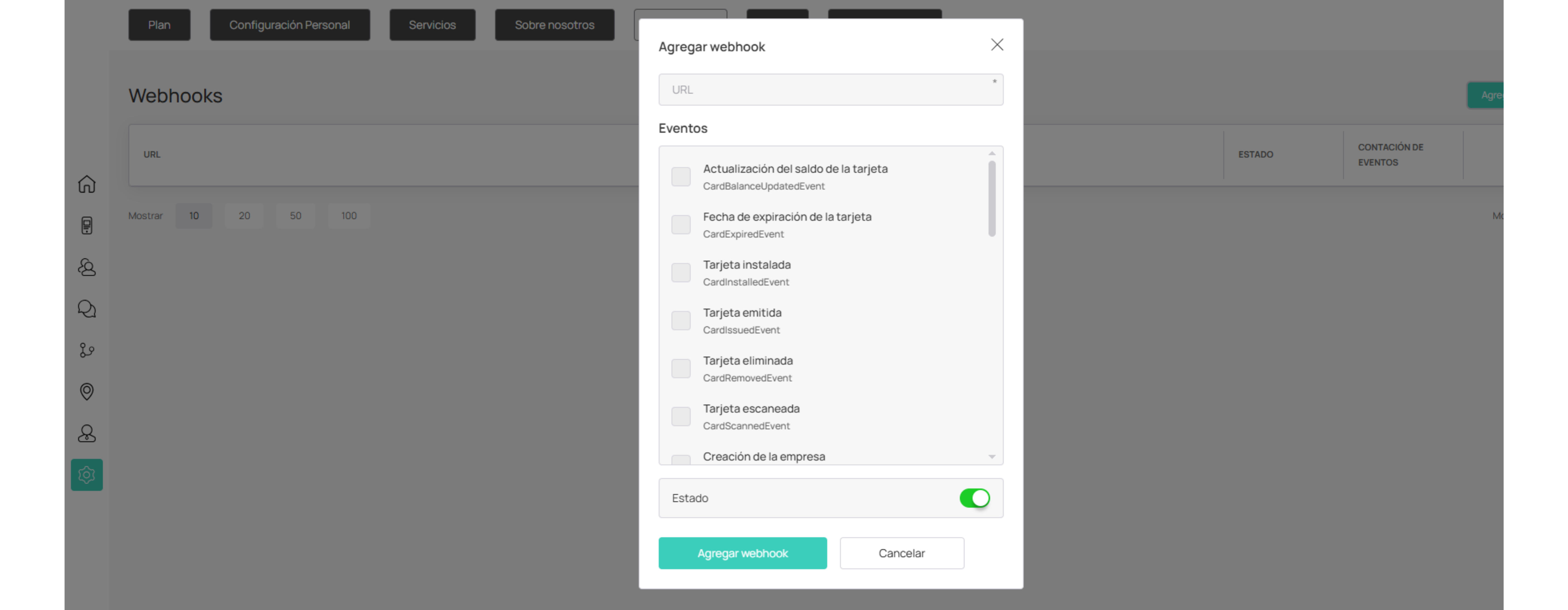 Ventana Agregar webhook con lista de eventos