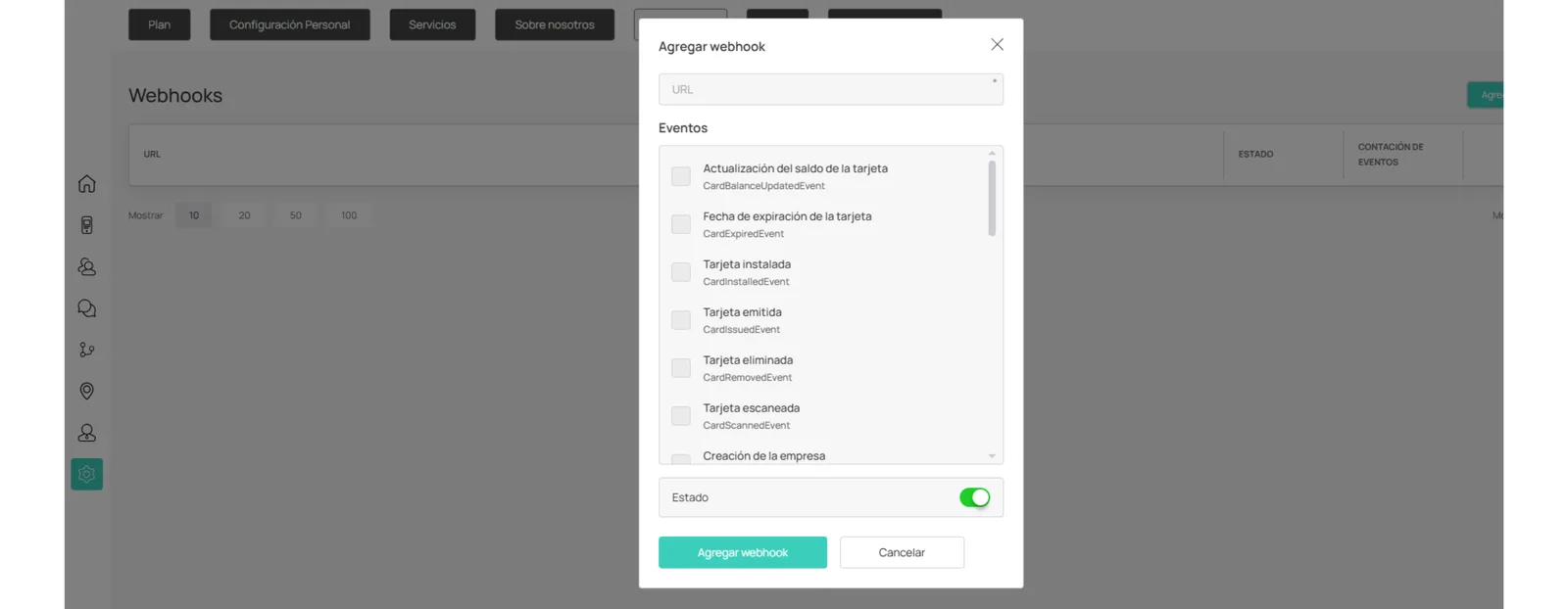 Ventana Agregar webhook con lista de eventos