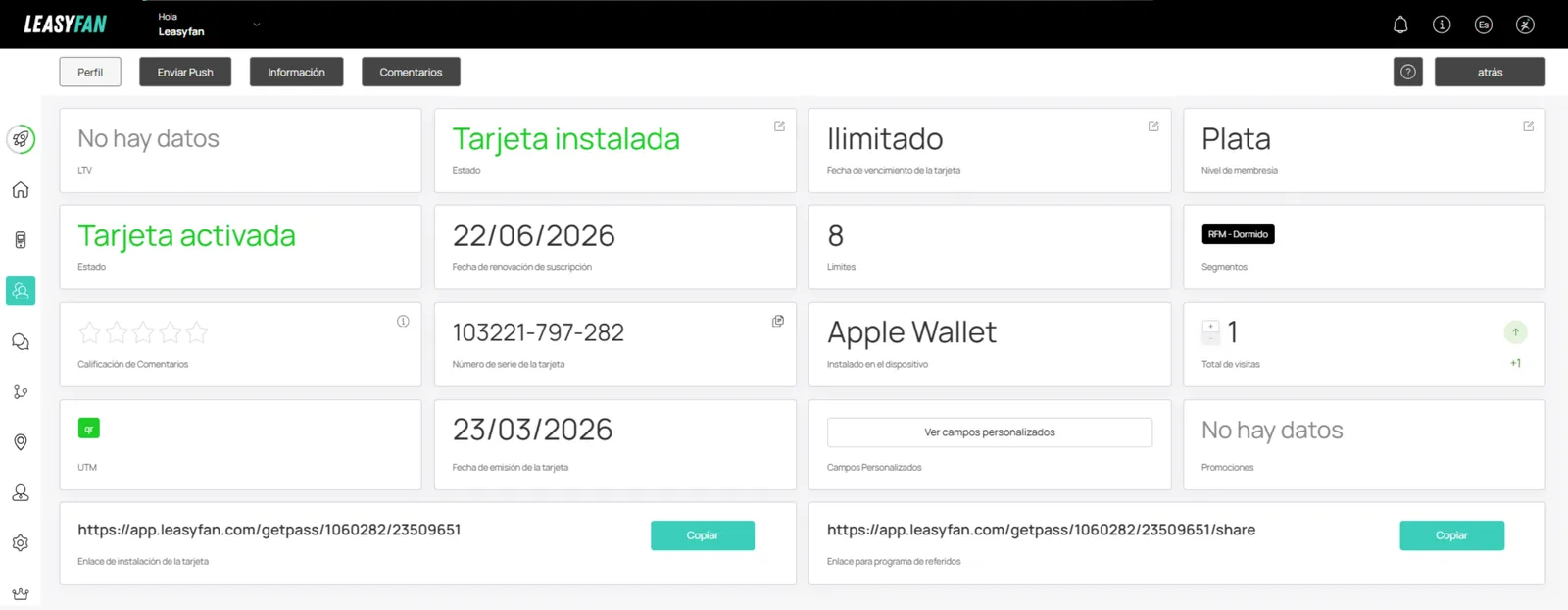 Vista de perfil / Tarjeta de Membresía