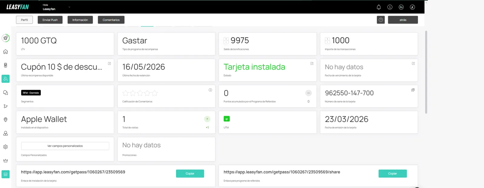 Vista de perfil / Tarjeta de Puntos