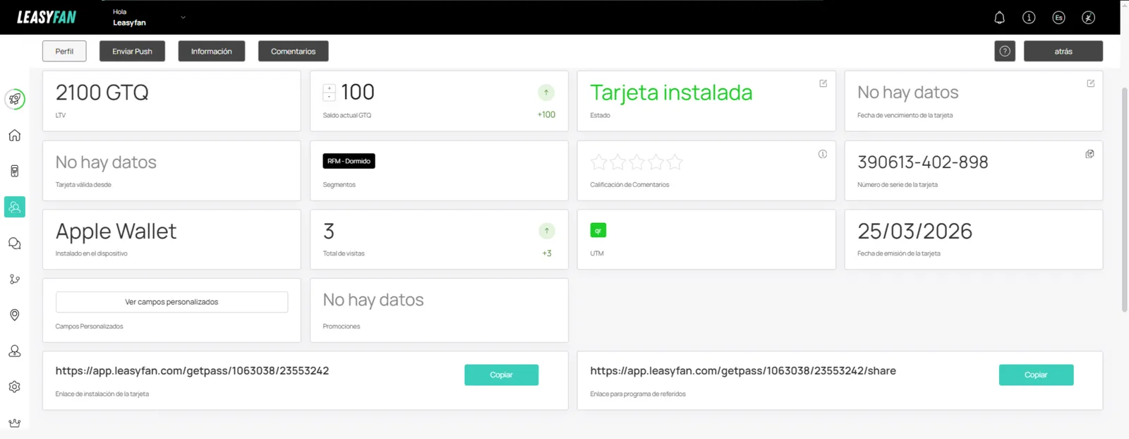 Vista de perfil / Tarjeta de Regalo