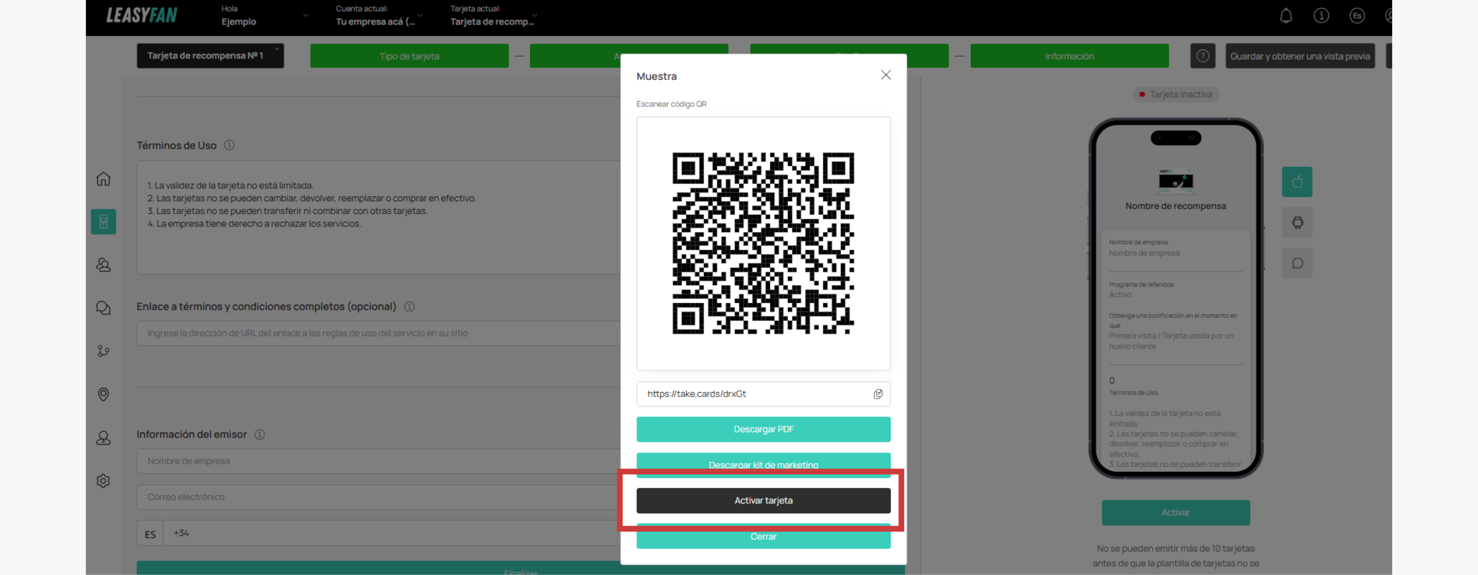 Vista previa con QR, enlace y botón Activar