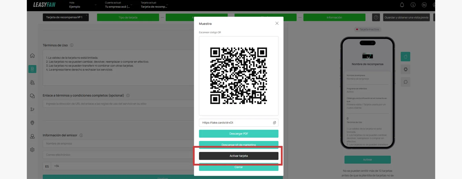 Vista previa con QR, enlace y botón Activar